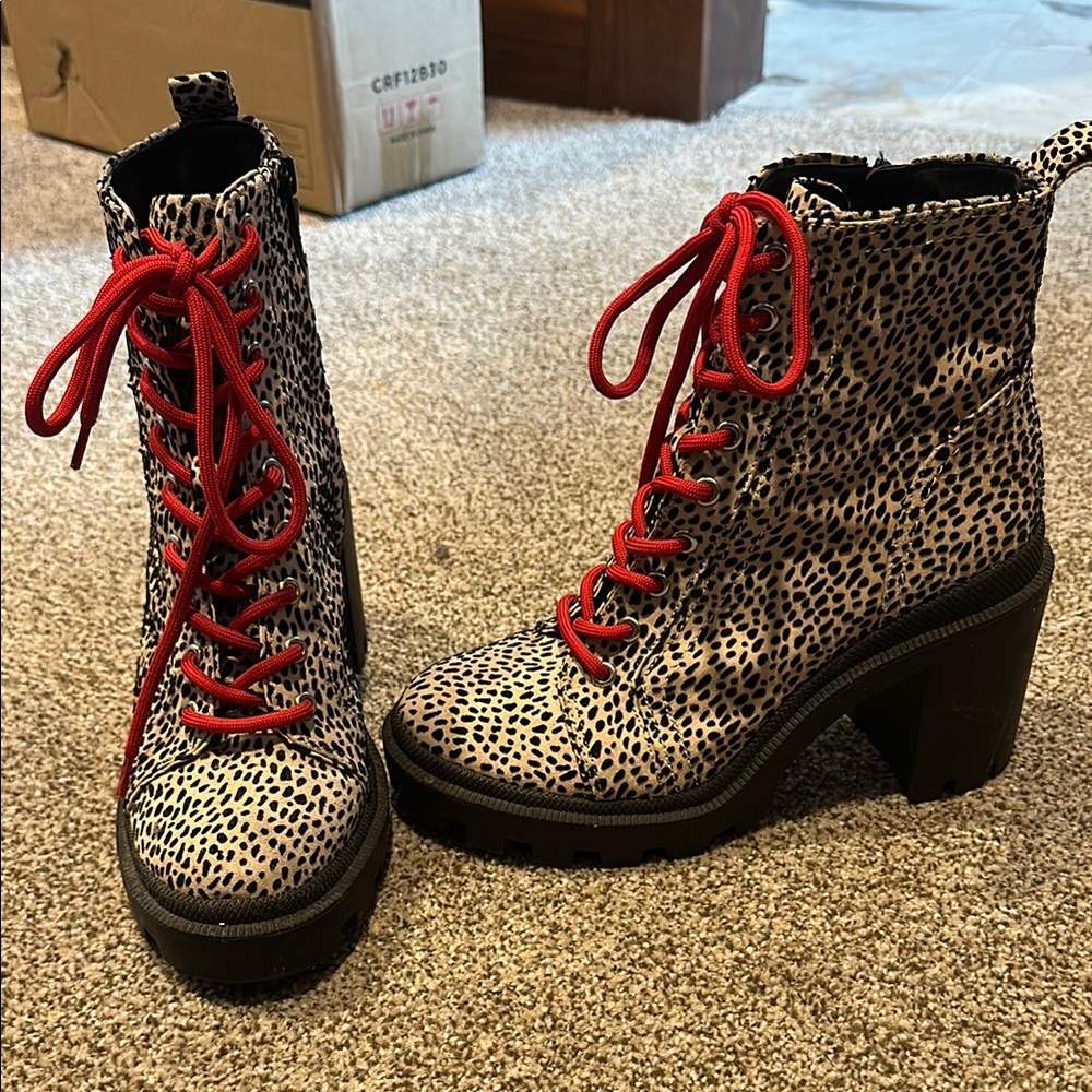 Red and Black Lace Up Boots with Chunky Heel
